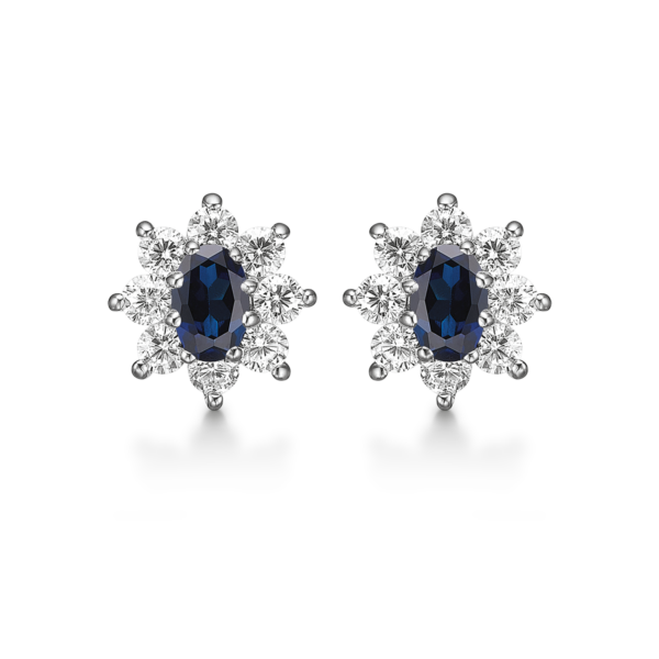 Silverörhänge rodiumpläterad oval syntetisk safir med 8 facetterade zirkoner runt om.