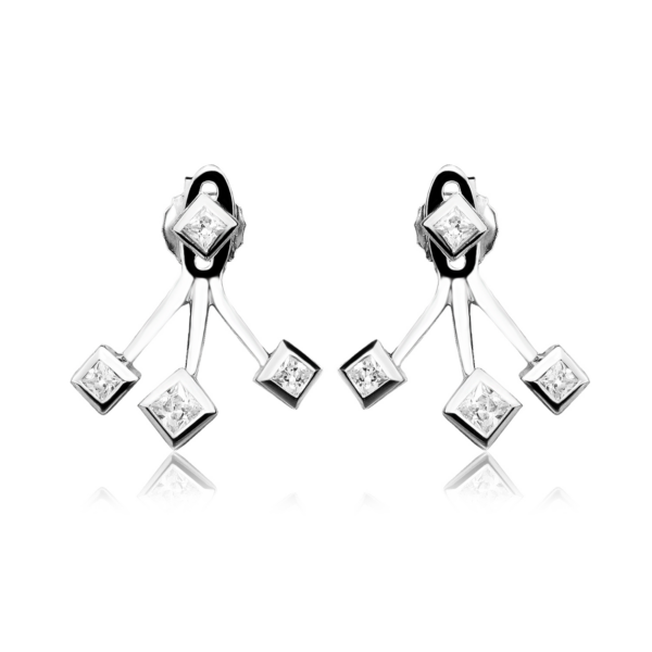 Silver öronproppar rodiumpläterade två i ett rutor på sned med facetterad zirkon.