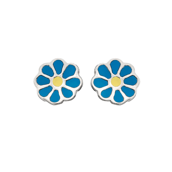 Silver örhängen blomma med blå och gul blyfri emalj.