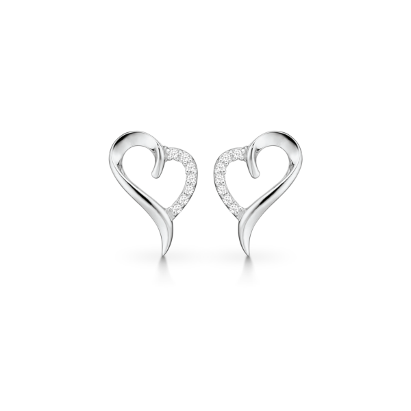 Silverörhänge rhodiumpläterat krokigt hjärta med facetterad zirkon på ena kanten.