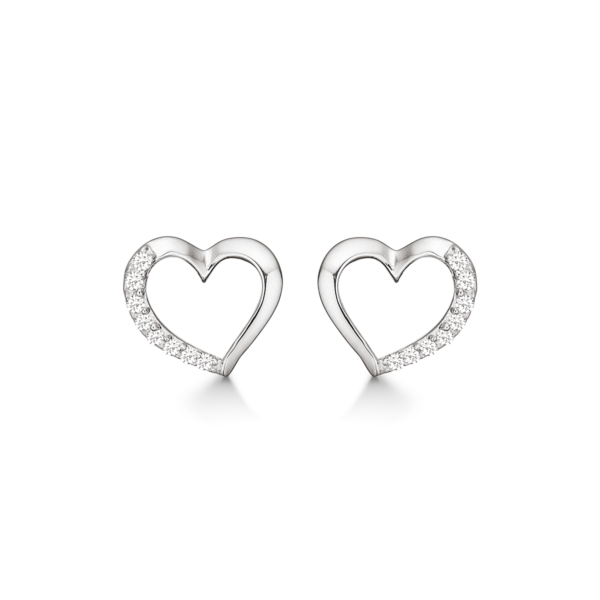 Silverörhänge rhodiumpläterat krokigt hjärta med facetterad zirkon på ena kanten.