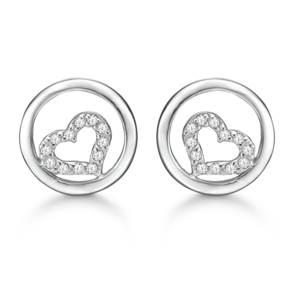 Silverörhänge rhodinerad cirkel med hjärta med facetterad zirkon i kanten.