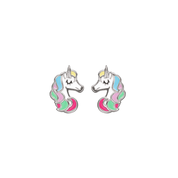 Enhörningsörhängen i silver med flerfärgad emalj. Mäter 1,1 cm.