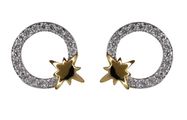 Silverörhänge rhodinerad/guldpläterad cirkel med facetterad zirkon och stjärna.