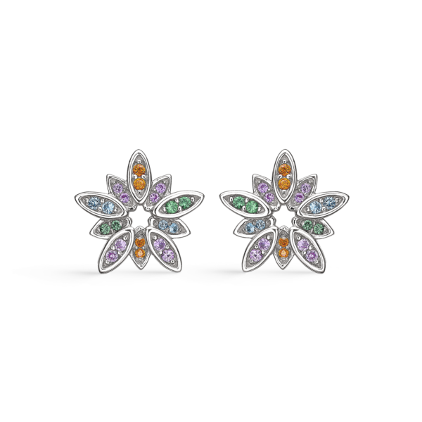 Silver örhängen rhodinerad blomma med facetterad zirkon i olika färger.