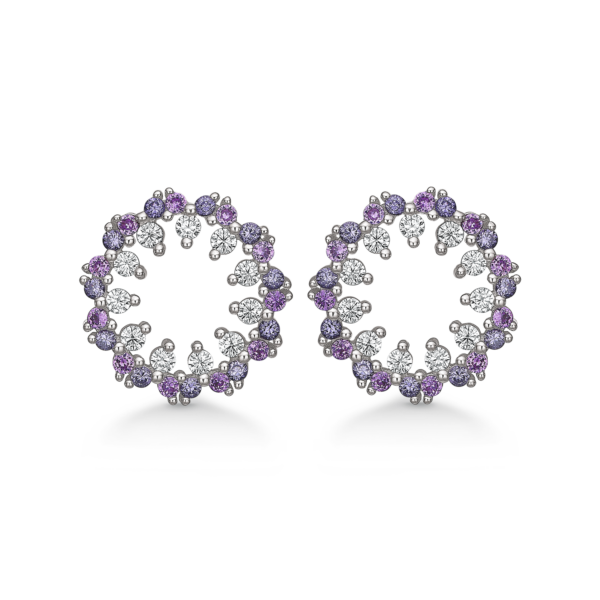 Silver öronproppar med zirkonia i innerkant och rosa och lila i ytterkant