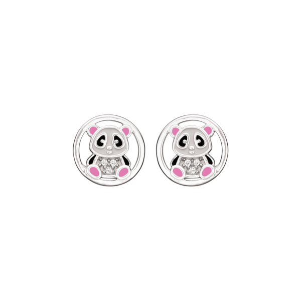 Silverörhängen panda med rosa/vit/svart blyfri emalj med zirkoner på magen.