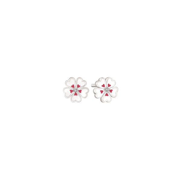 Silverörhänge vit och röd blomma med 5 hjärtan med emalj "Flower of hearts"