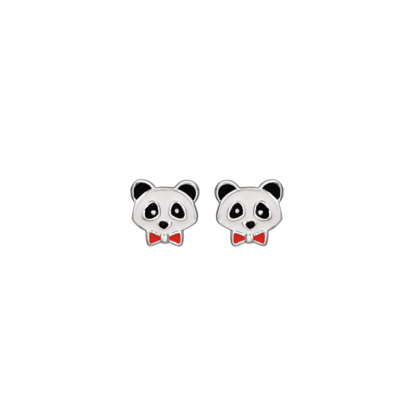 Silverörhänge panda svart och vit blyfri emalj med röd rosett.