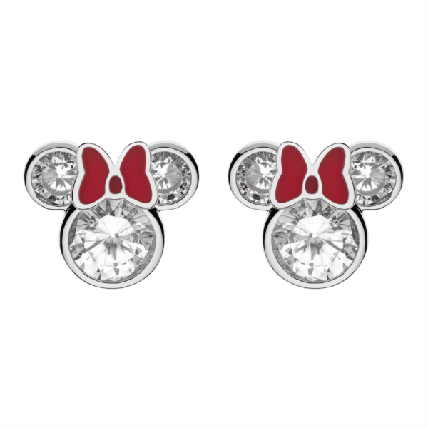 Silverörhänge Minnie Mouse röd rosett med facetterad zirkon.