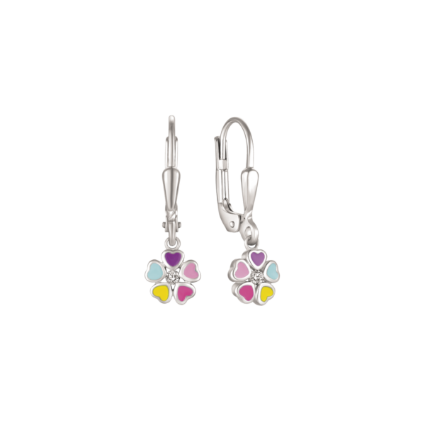 Silver örhängen blomma med 5 hjärtan med flerfärgad emalj med zirconia