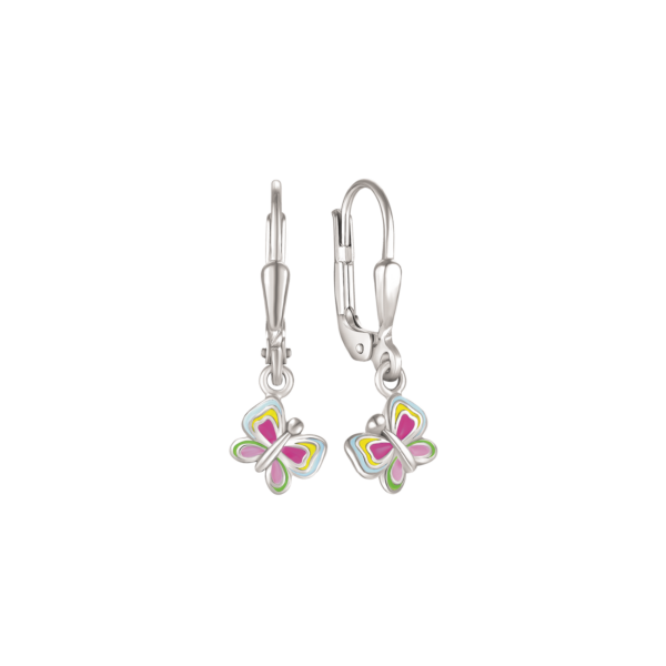 Silver örhänge fjäril med gult, rosa, rosa, grönt och ljusblått