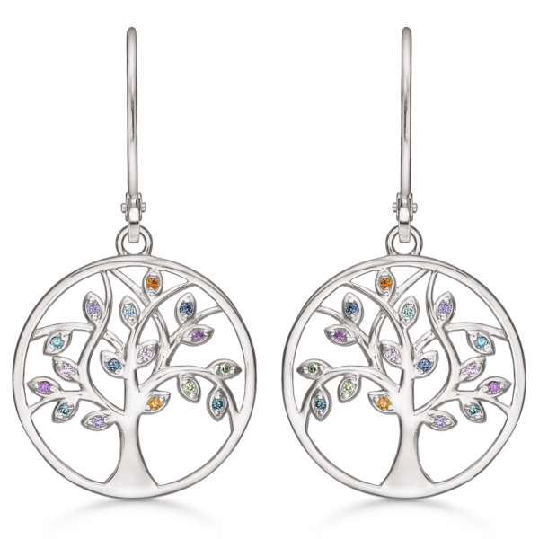 Dammring Livets träd dinglande örhängen med färgade stenar