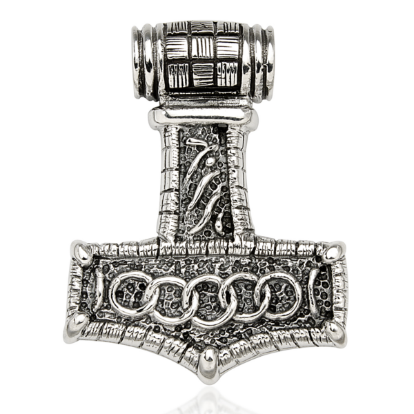 Thors hammare Mjølner hänge silver med 5 ringar och rutor. Mått 38 x 30 mm.