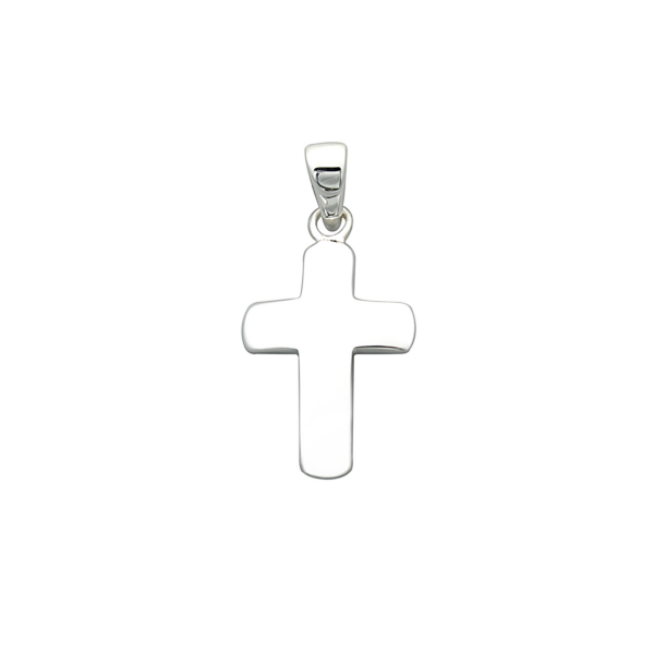 Silverhängekors lätt böjt. Mått: 10 x 15 mm.