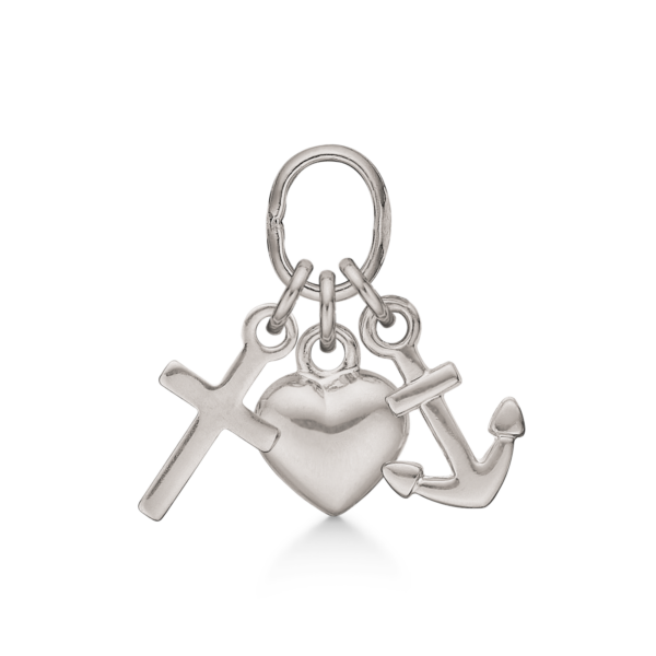 Silverhänge tro, hopp och kärlek. Mått: 5 x 7 mm.