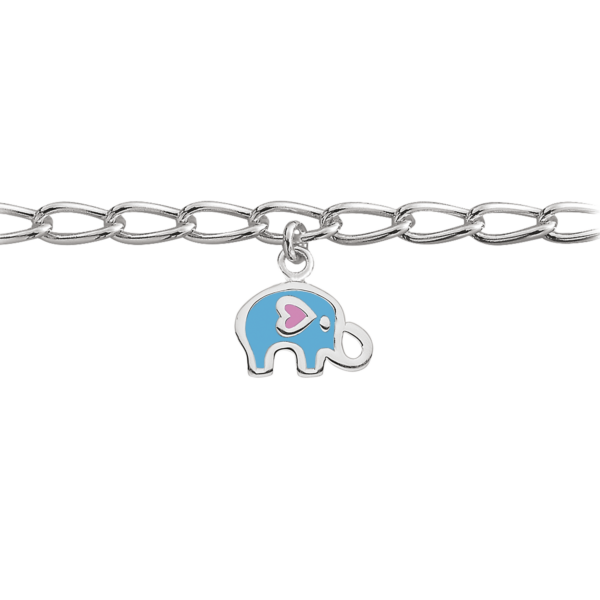 Silverarmband elefant med hjärta i ljusblått och rosa blyfri emalj.