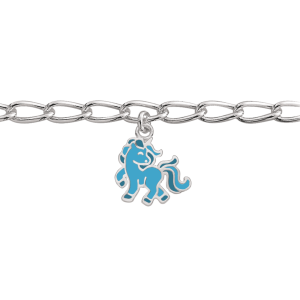 Unicorn armband silver med blå emalj. Längd 16 cm.