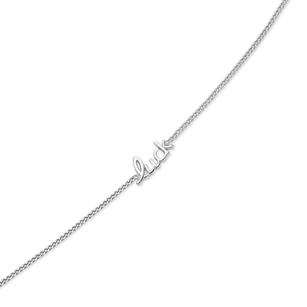 Silverarmband rodiumpläterat med "Luck" på venetiansk kedja. Längd 17+4 cm.