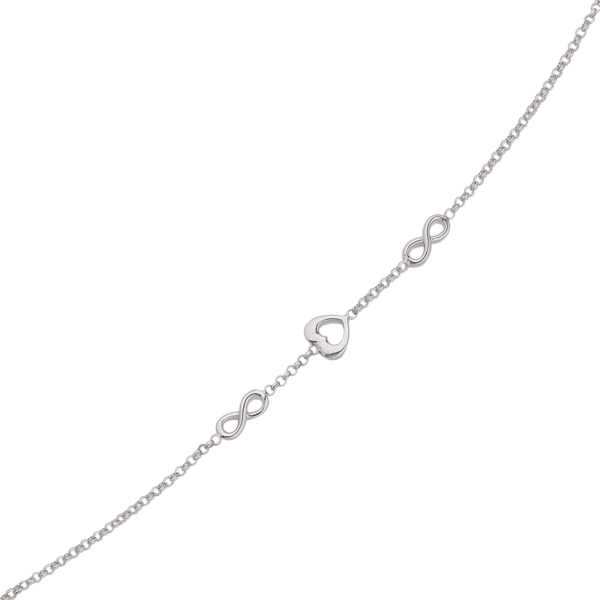 Silverarmband rhodium 2 evighetstecken och 1 hjärta på kedja. Längd 15+4 cm.
