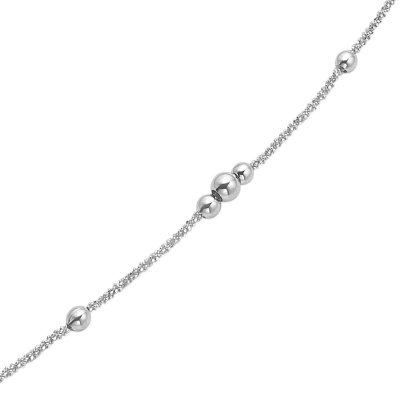 Silverarmband rodiumpläterat 5 kulor på diamantslipad ankarkedja. Längd 17+4 cm.