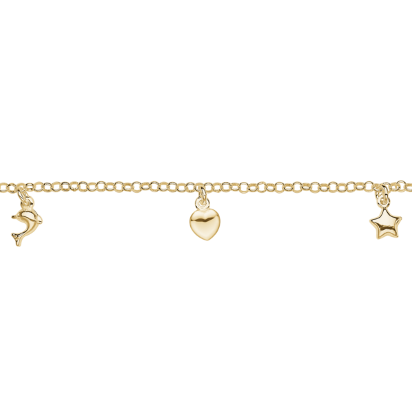Silverarmband med stjärna, hjärta och delfin. Längd 15+4 cm.