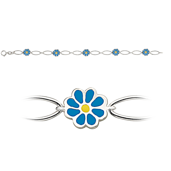 Silverarmbandsblomma med blå och gul blyfri emalj. Det finns 5 blommor på armbandet