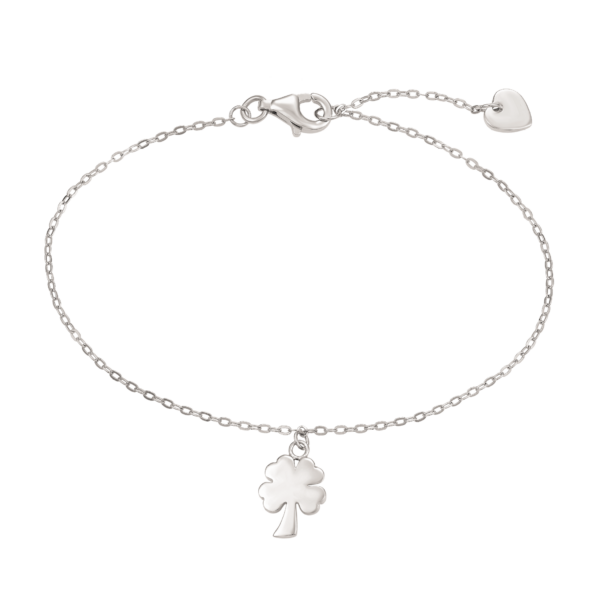 Fyrklöver Armband av silver, på kedja med hjärta. Längd 17+2 cm