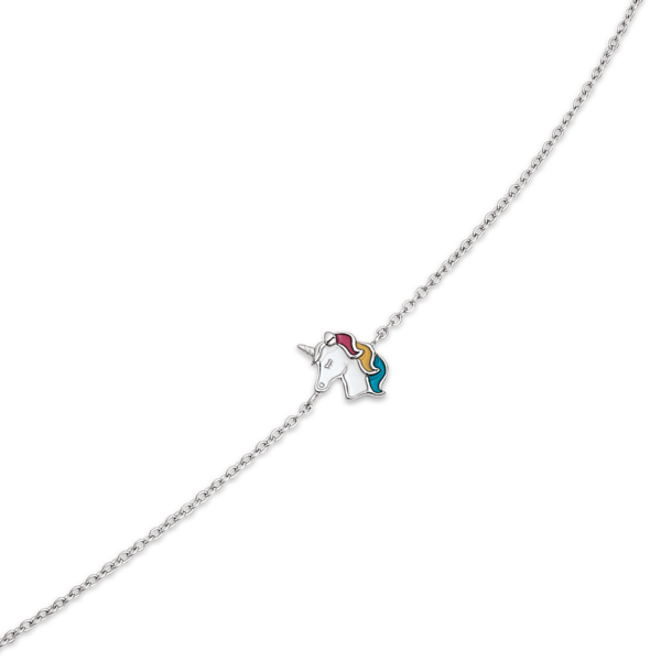 Enhörningsarmband silverhuvud Vit med rosa, blå och gul emalj