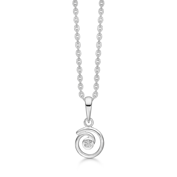 Silverhalsbandsspiral med facetterad zirkon i mitten. Kedjan är 42-45 cm lång.