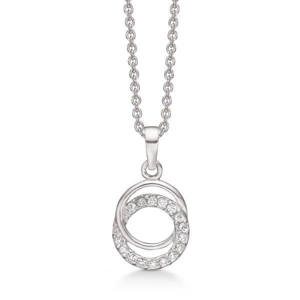 Silverhalsband flätade cirklar, den ena med zirkonia på kanten och den andra klar