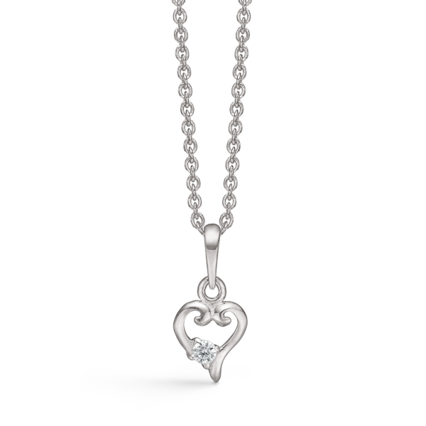 Silverhalsband krokigt hjärta med zirkonia nertill. Kedjan är 42-45 cm lång.