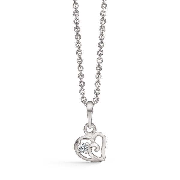 Silverhalsband krokigt hjärta med spiral och zirconia. Kedjan är 42-45 cm lång.