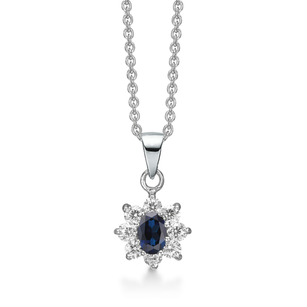 Silverhalsband oval syntetisk safir med 8 zirkoner runt om. 42-45 cm.