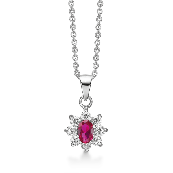 Silverhalsband oval syntetisk rubin med 8 zirkoner runt. 42-45 cm.