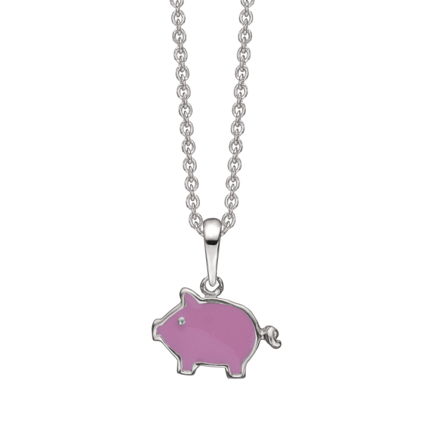 Silverhalsband rodiumpläterad gris i klarröd emalj. Kedjan är rodiumpläterad silver i längd 38 cm.