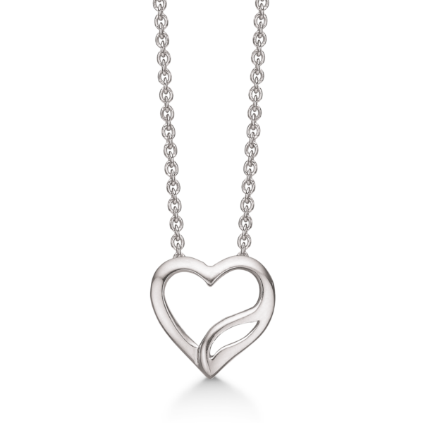 Silverhalsband rhodinerat hjärta med linje. Kedjan är rodiumpläterad silver i längd 42-45 cm.