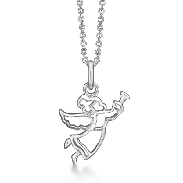 Silverhalsband rodiumpläterad ängel med trumpet. Kedjan är 42-45 cm lång.