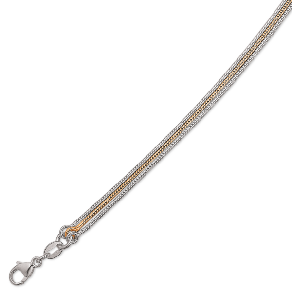 Silverhalsband 3 ormkedjor 2 blanka/1 guldpläterade 42 cm.