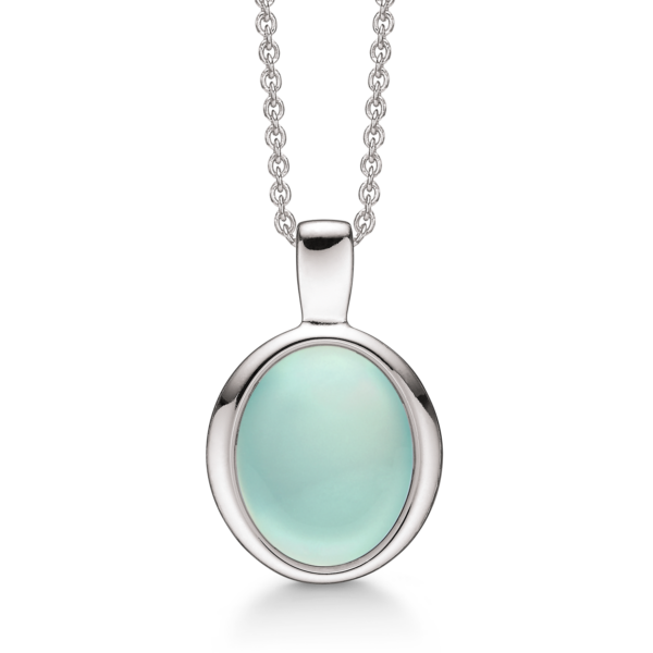 Silverhalsband ovalt med aqua agat Kedjan är rodiumpläterad silver i längd 42-45 cm.