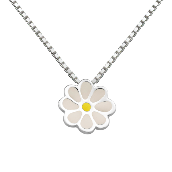 Silver halsbandsblomma med vit och gul blyfri emalj. Kedjan är 36 cm lång.