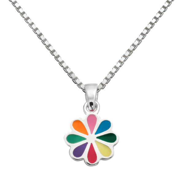 Silver collier blomma med flerfärgad blyfri emalj. Kedjan är 36 cm lång.