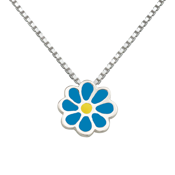 Silver halsbandsblomma med blå och gul blyfri emalj. Kedjan är 36 cm lång.