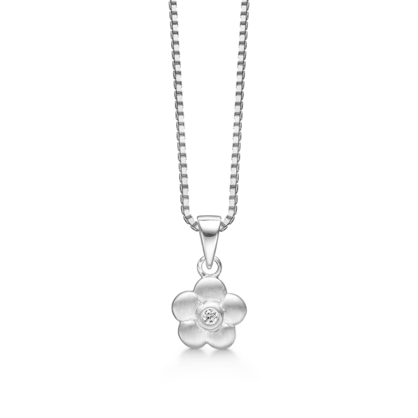 Silverhalsband blommatt med facetterade zirkoner. Kedjan är 38 cm lång.