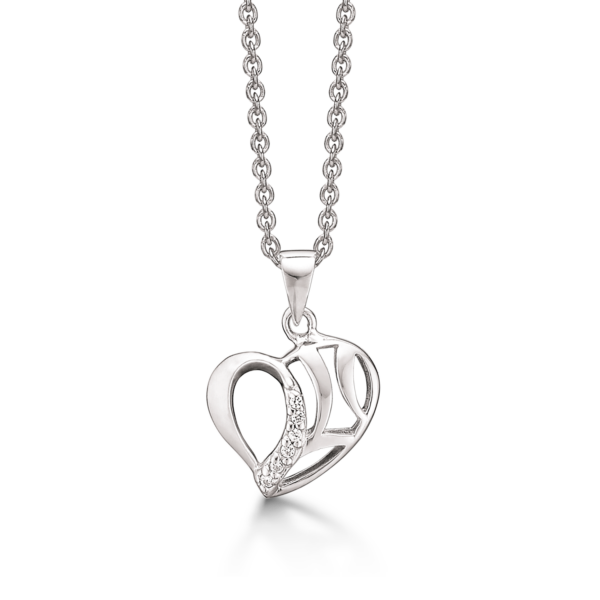 Silverhalsband rhodinerat hjärta med mönster och fasetterad zirconia 42-45 cm.