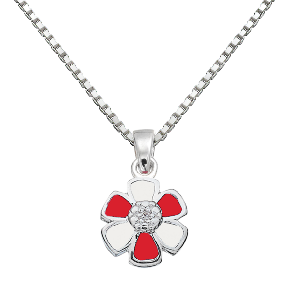 Silverhalsband 2-färgad blomma med zirconia och röd/vit blyfri emalj. 36 cm.