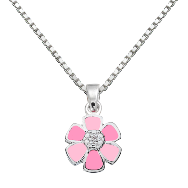 Silver halsbandsblomma med zirkoner och rosa/rosa blyfri emalj 36 cm.