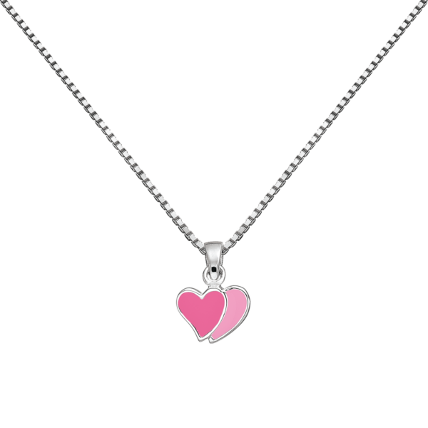 Silverhalsband 2-färgat dubbelhjärta med rosa och rosa blyfri emalj 36 cm.