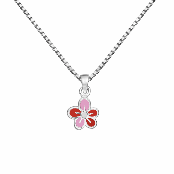 Silver halsbandsblomma med röd och rosa blyfri emalj. Kedjan är 36 cm lång.