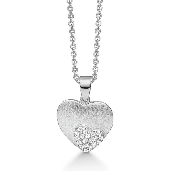 Silverhalsband matt dubbelt hjärta med litet hjärta fyllt med zirconia 42-45 cm.